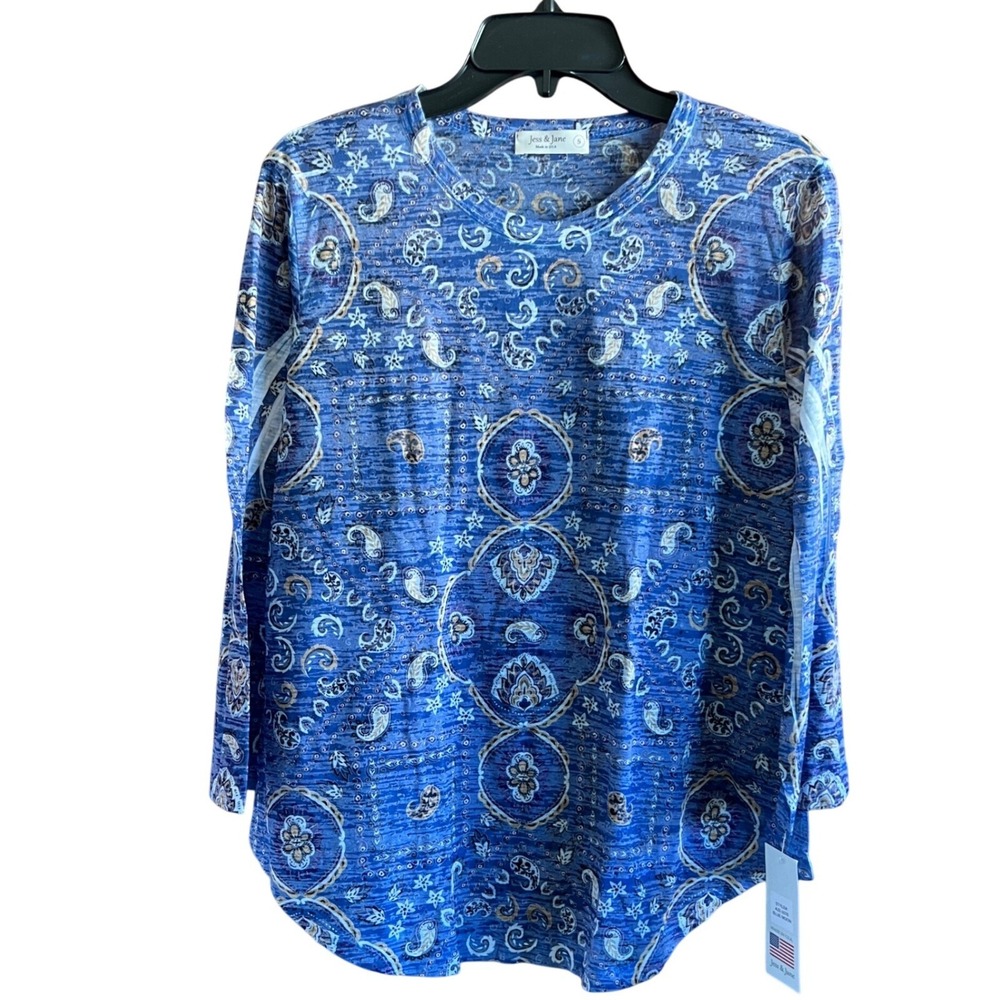 Jess & Jane Small Paisley‎ Print Long Sleeve Top USA Made NWT